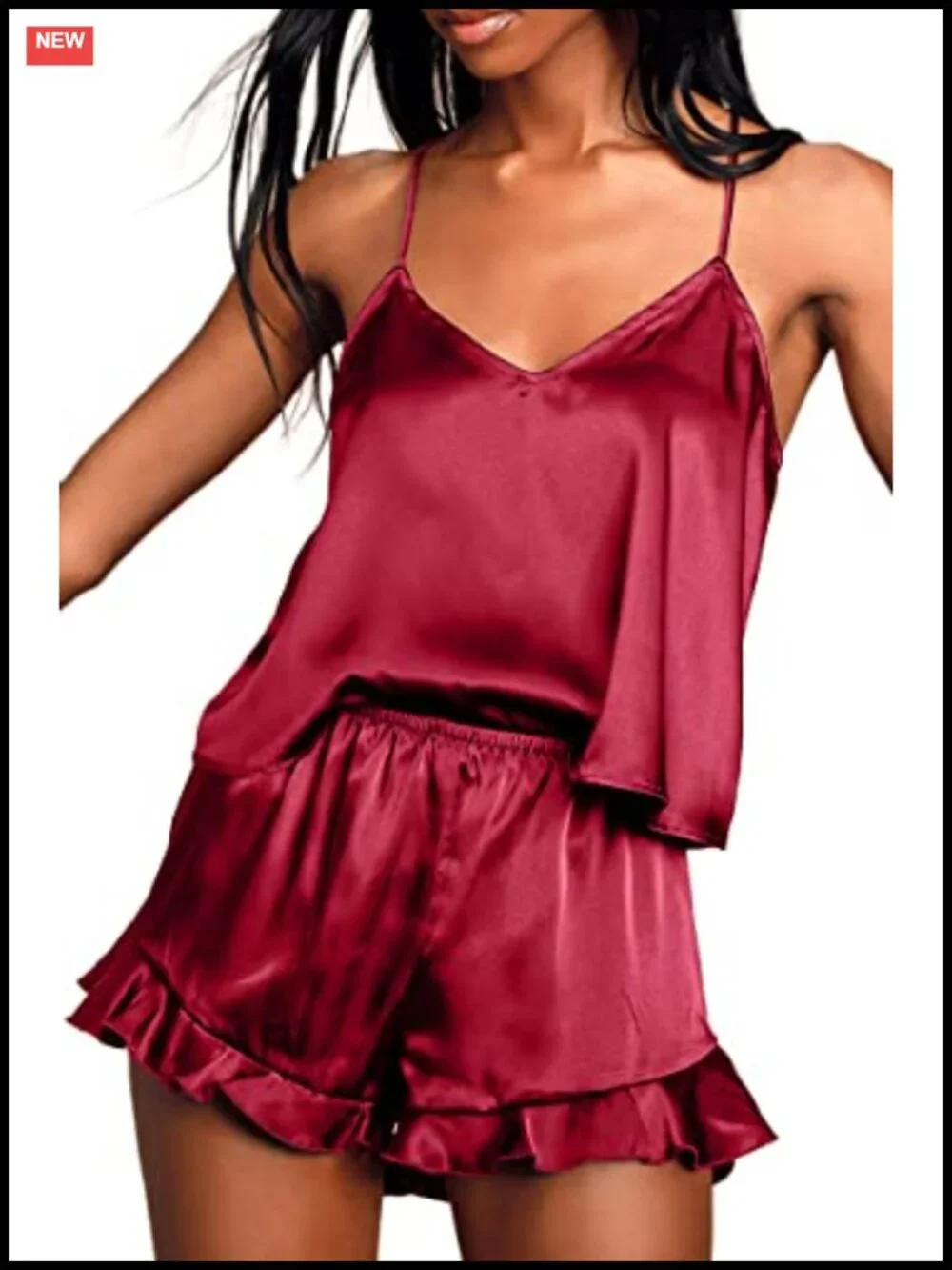 Women's Silk Satin Pajama Set - Ruffled Cami & Shorts - Sleepwear